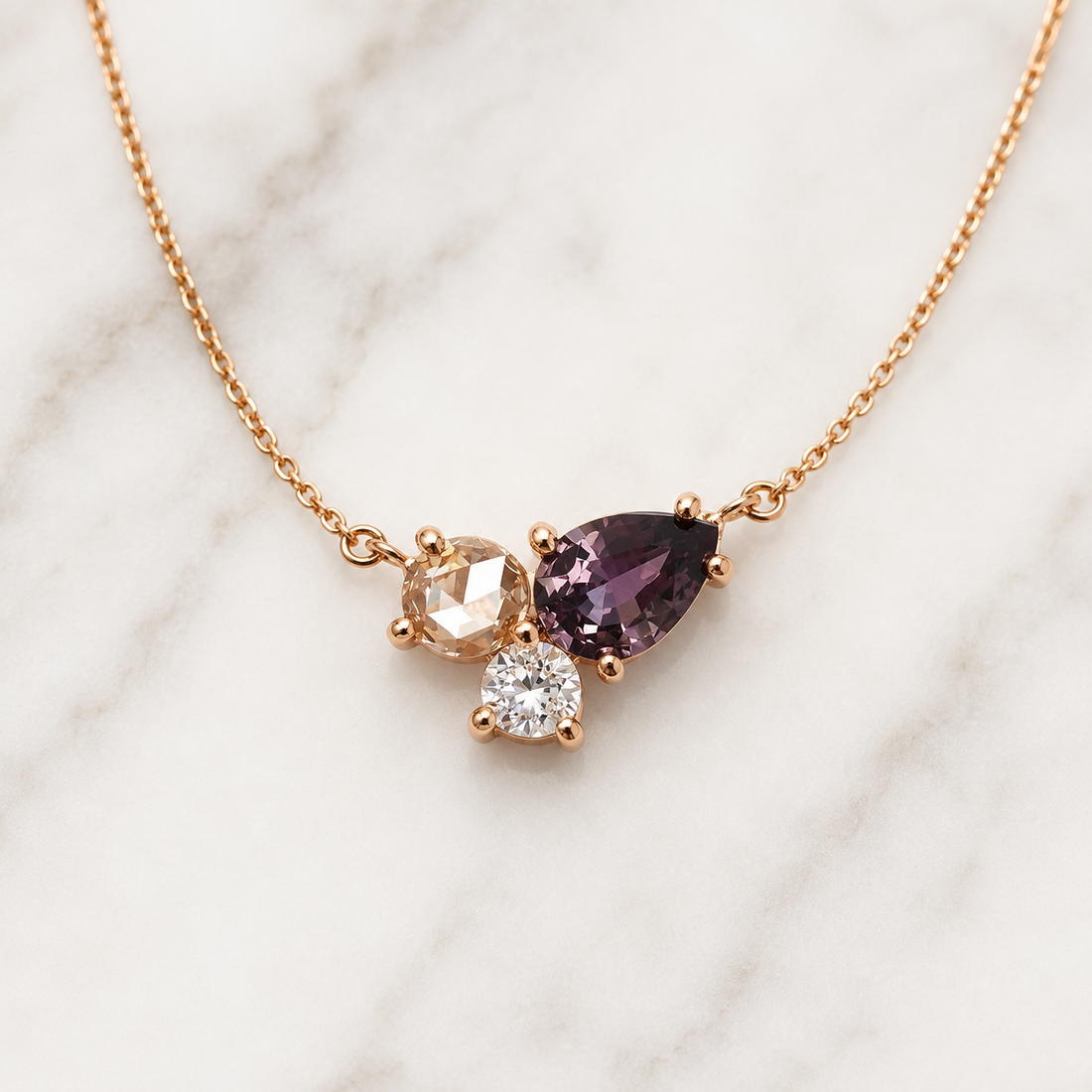 Kiashaa Jewellery white gold lab-grown diamond cluster pendant with multitone pear and round stones in a fine setting