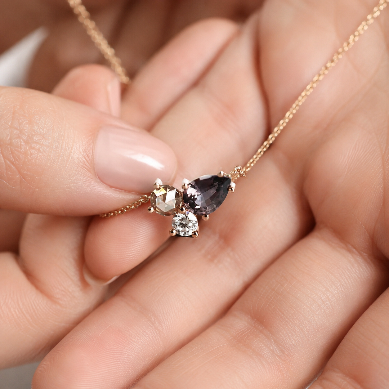 Luxury lab-grown diamond cluster pendant with pear and round stones in white gold by Kiashaa Jewellery