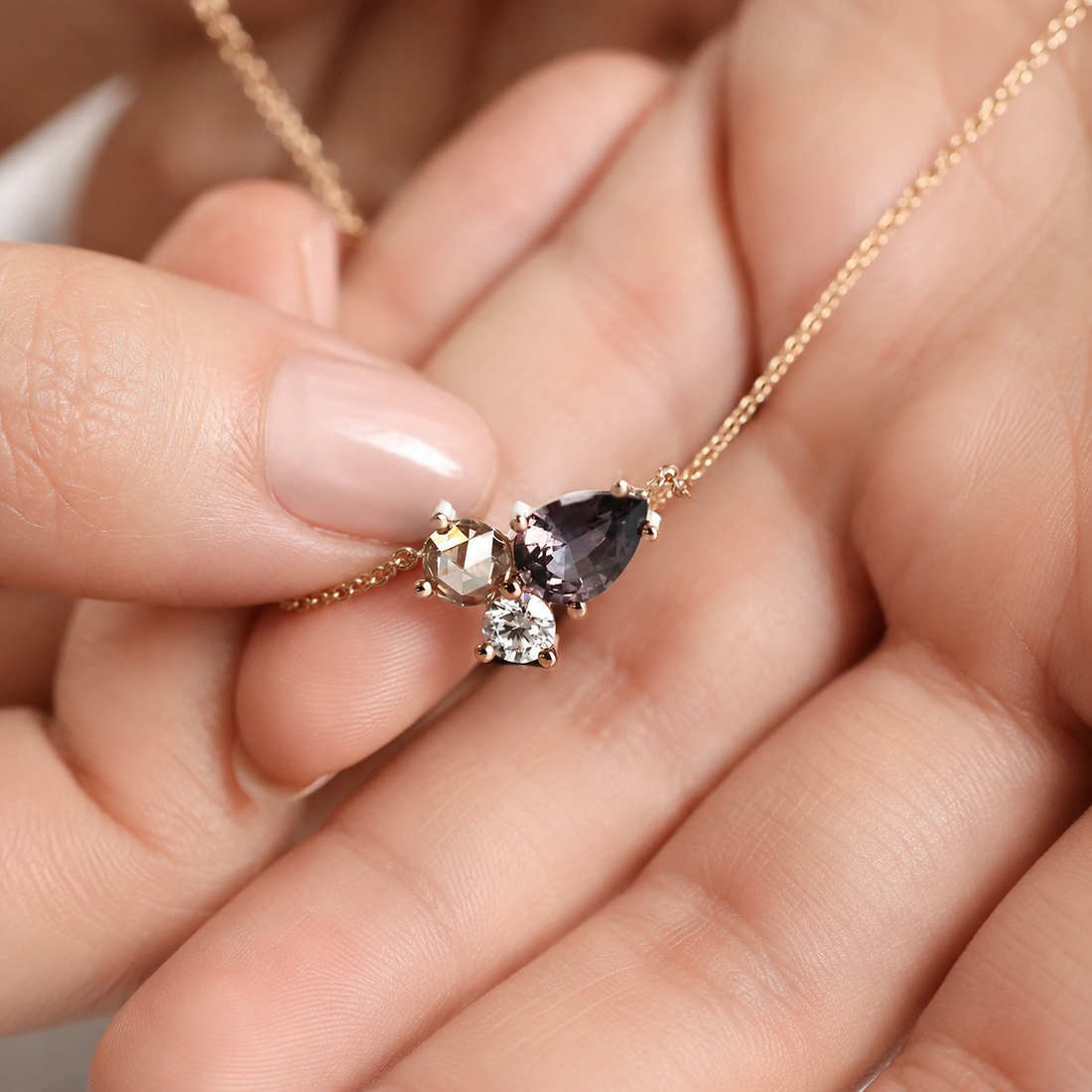 Luxury lab-grown diamond cluster pendant with pear and round stones in white gold by Kiashaa Jewellery