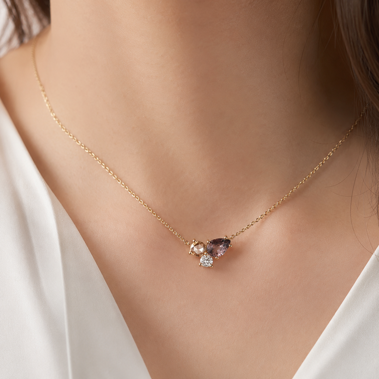 Rose gold lab-grown diamond cluster pendant with mixed-shape stones in a refined design by Kiashaa Jewellery