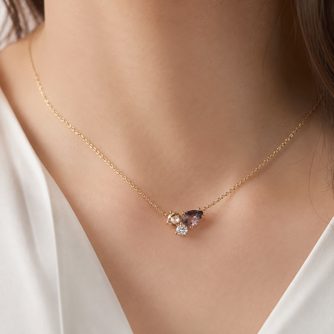 Rose gold lab-grown diamond cluster pendant with mixed-shape stones in a refined design by Kiashaa Jewellery