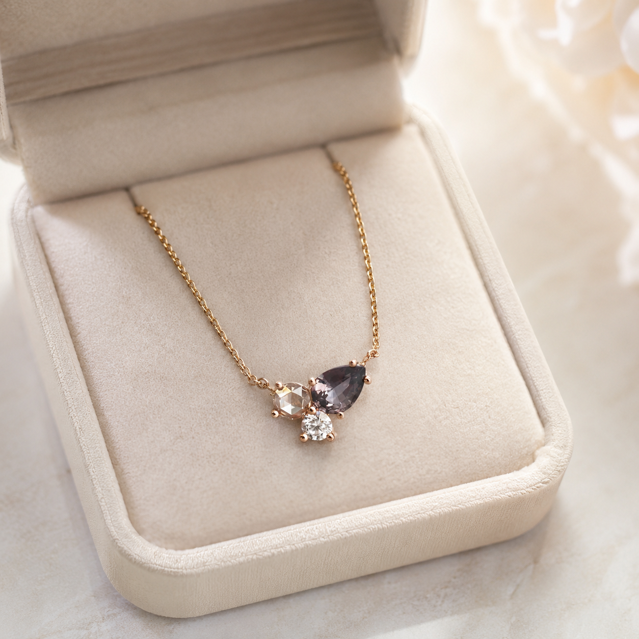 Kiashaa Jewellery 1.4 CT lab-grown diamond cluster pendant featuring pear and round diamond shapes in white gold