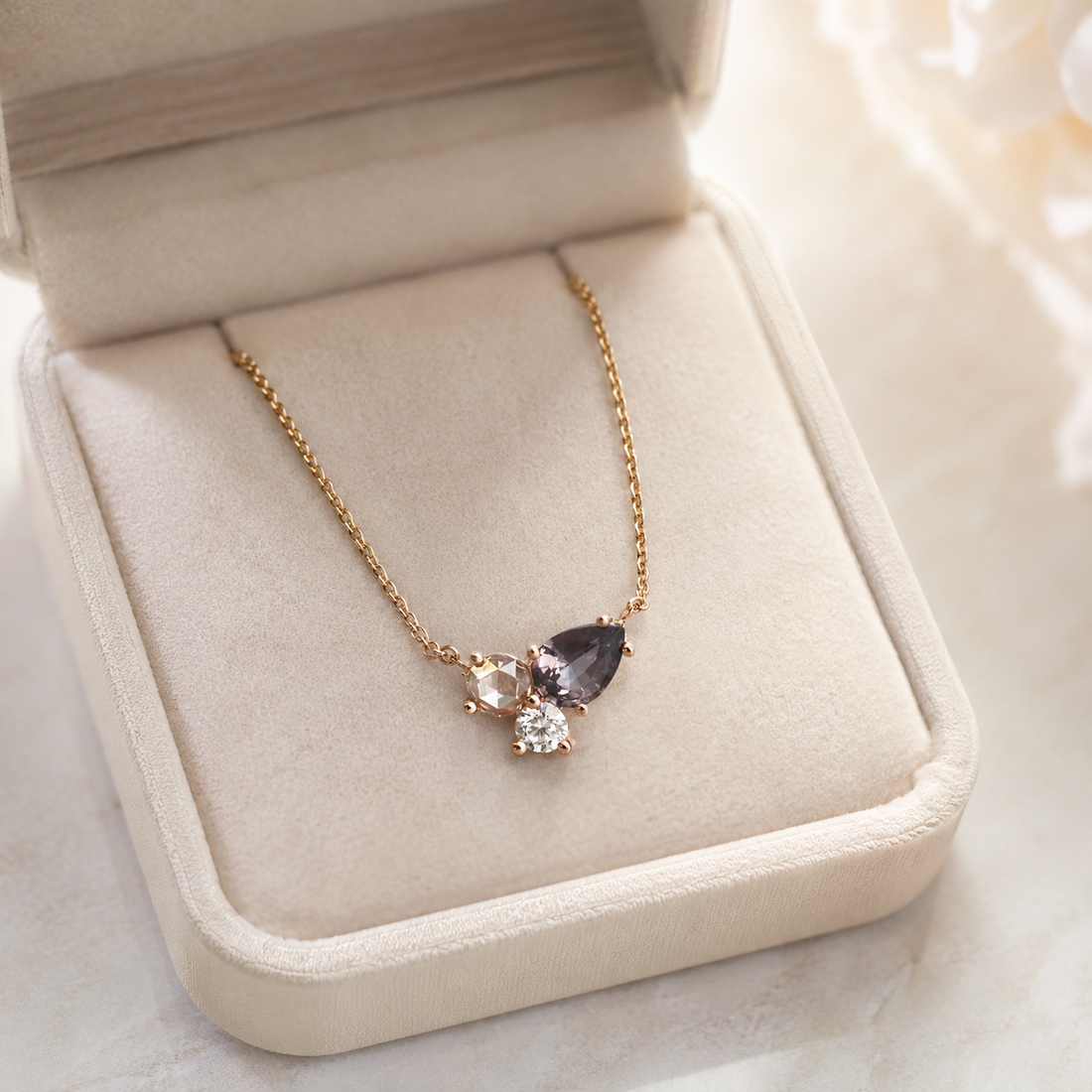 Kiashaa Jewellery 1.4 CT lab-grown diamond cluster pendant featuring pear and round diamond shapes in white gold