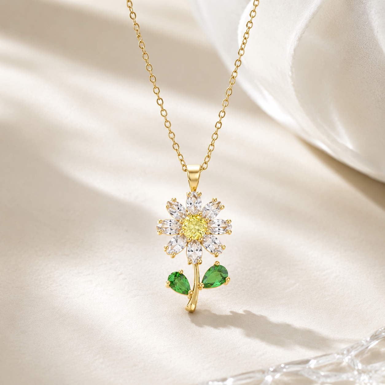 Yellow gold 2 CT lab-grown diamond flower pendant with botanical leaf details from Kiashaa Jewellery