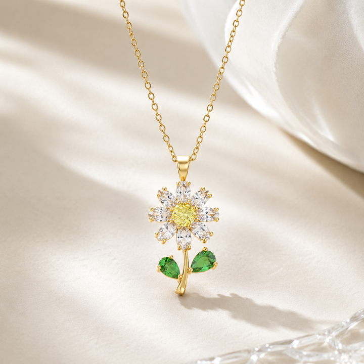 Yellow gold 2 CT lab-grown diamond flower pendant with botanical leaf details from Kiashaa Jewellery