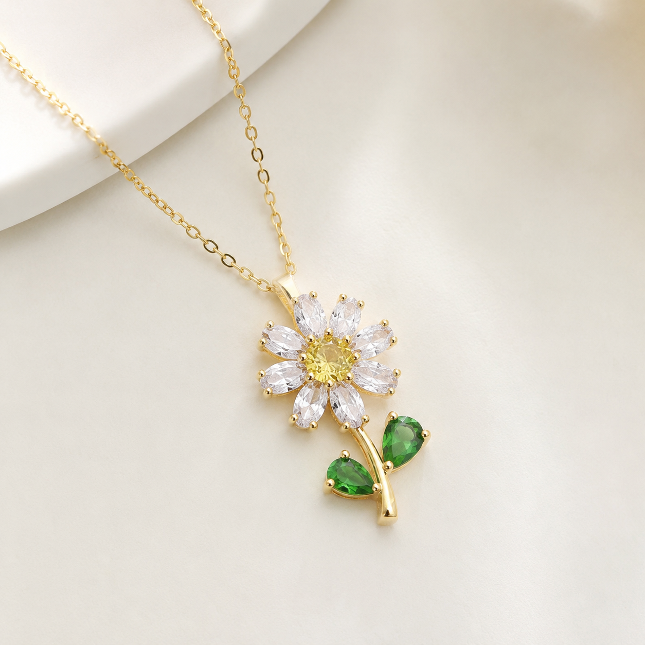 Kiashaa Jewellery 2 CT lab-grown diamond flower pendant in yellow gold with marquise petals and green pear leaves