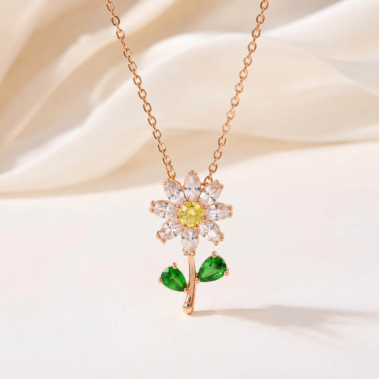 Kiashaa Jewellery lab-grown diamond flower pendant in yellow gold with marquise-cut petals and a polished stem
