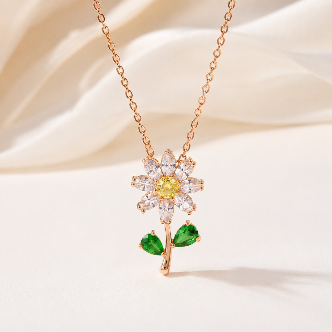 Kiashaa Jewellery lab-grown diamond flower pendant in yellow gold with marquise-cut petals and a polished stem