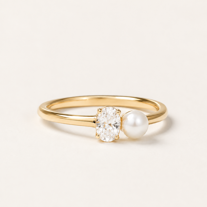 Elegant 0.5 CT oval lab-grown diamond and pearl ring in yellow gold by Kiashaa Jewellery for modern bridal style