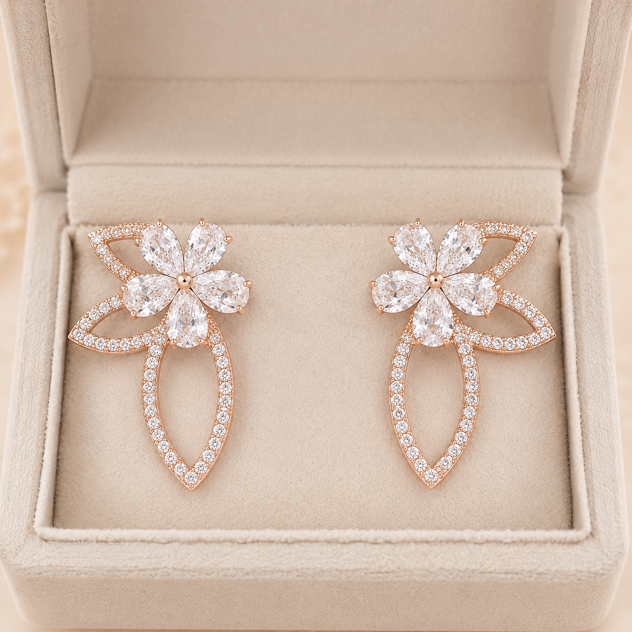 Kiashaa Jewellery floral lab-grown diamond earrings in rose gold with elegant marquise petals and leaf-shaped frames