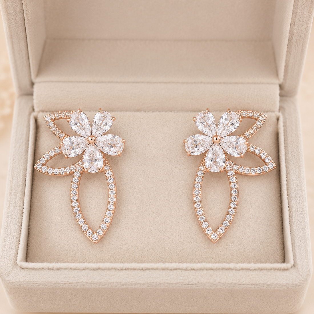 Kiashaa Jewellery floral lab-grown diamond earrings in rose gold with elegant marquise petals and leaf-shaped frames