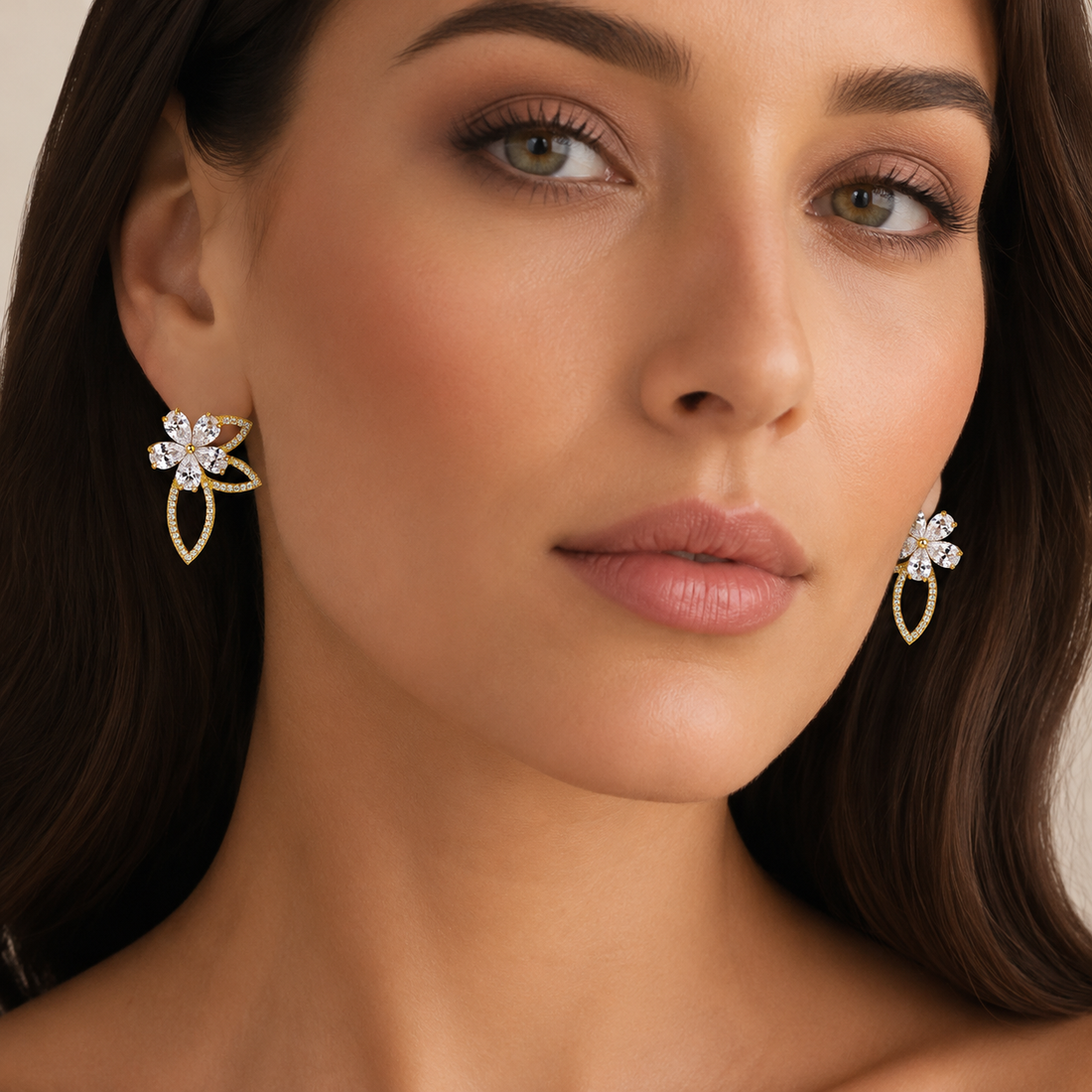 Rose gold lab-grown diamond floral earrings by Kiashaa Jewellery featuring marquise-shaped petals and pavé accents