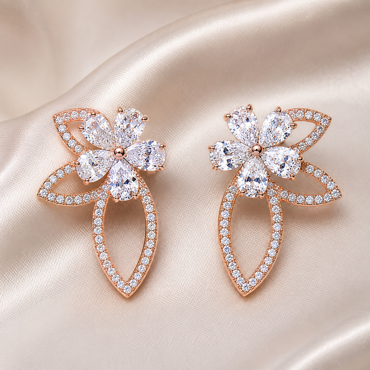 2.5 CT lab-grown diamond floral earrings in rose gold by Kiashaa Jewellery with sparkling openwork leaf details