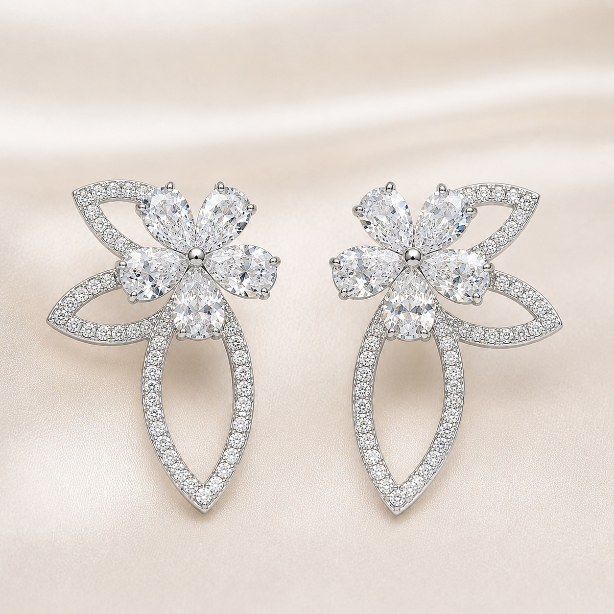 Kiashaa Jewellery lab-grown diamond floral earrings in rose gold with marquise petals and open leaf drop design
