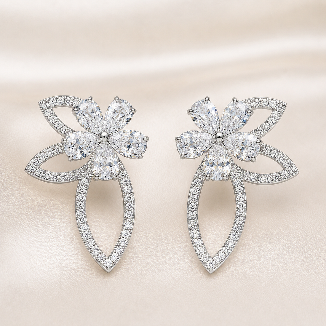 Kiashaa Jewellery lab-grown diamond floral earrings in rose gold with marquise petals and open leaf drop design