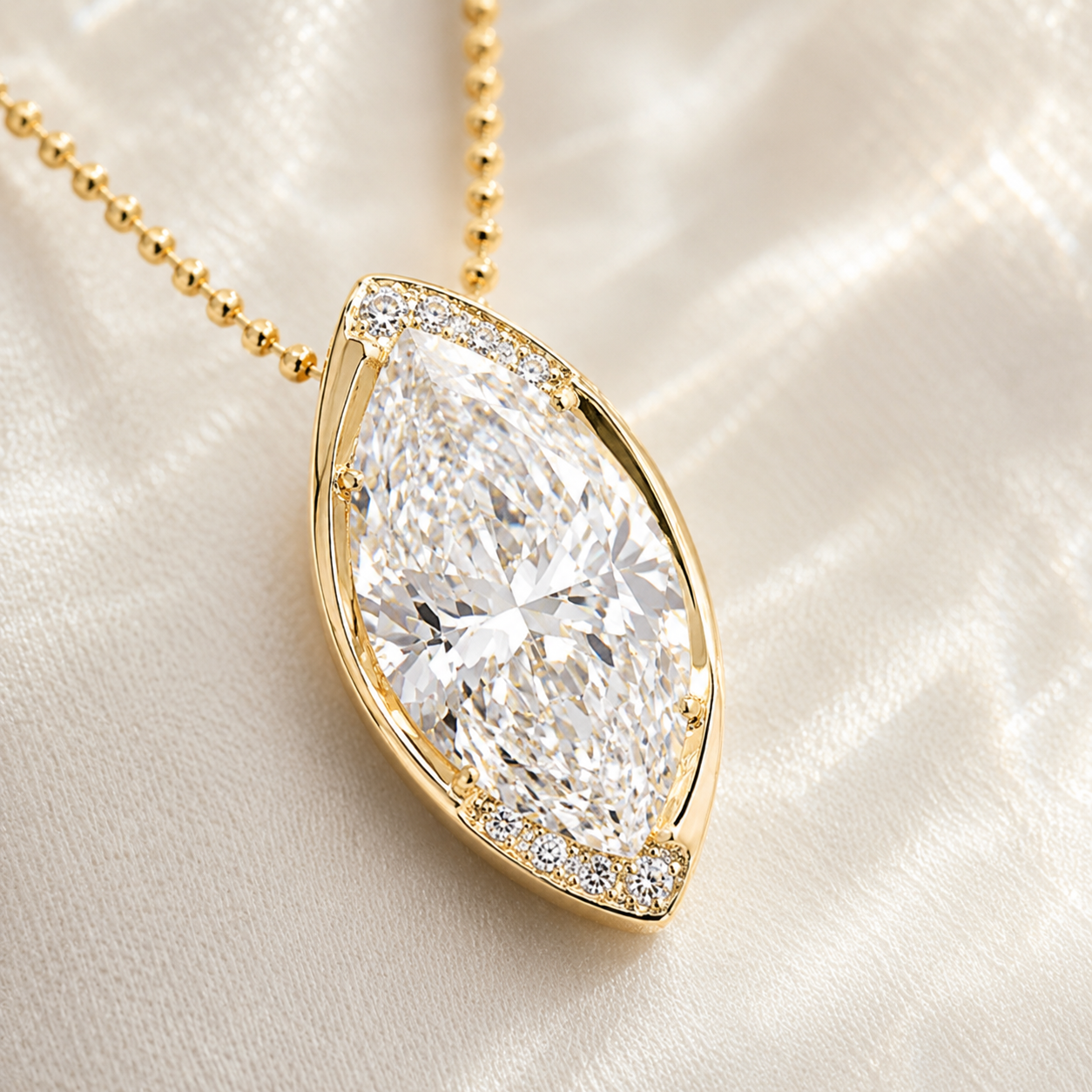 A gold pendant necklace featuring a large marquise-cut clear gemstone surrounded by small accent stones, resting on a soft white satin fabric background.