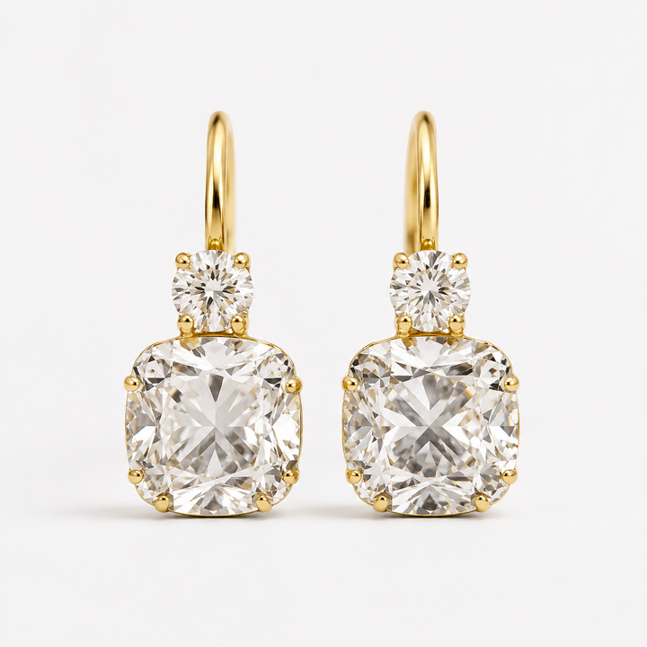 Kiashaa Jewellery cushion and round lab-grown diamond drop earrings shown in a high-polish yellow gold finish