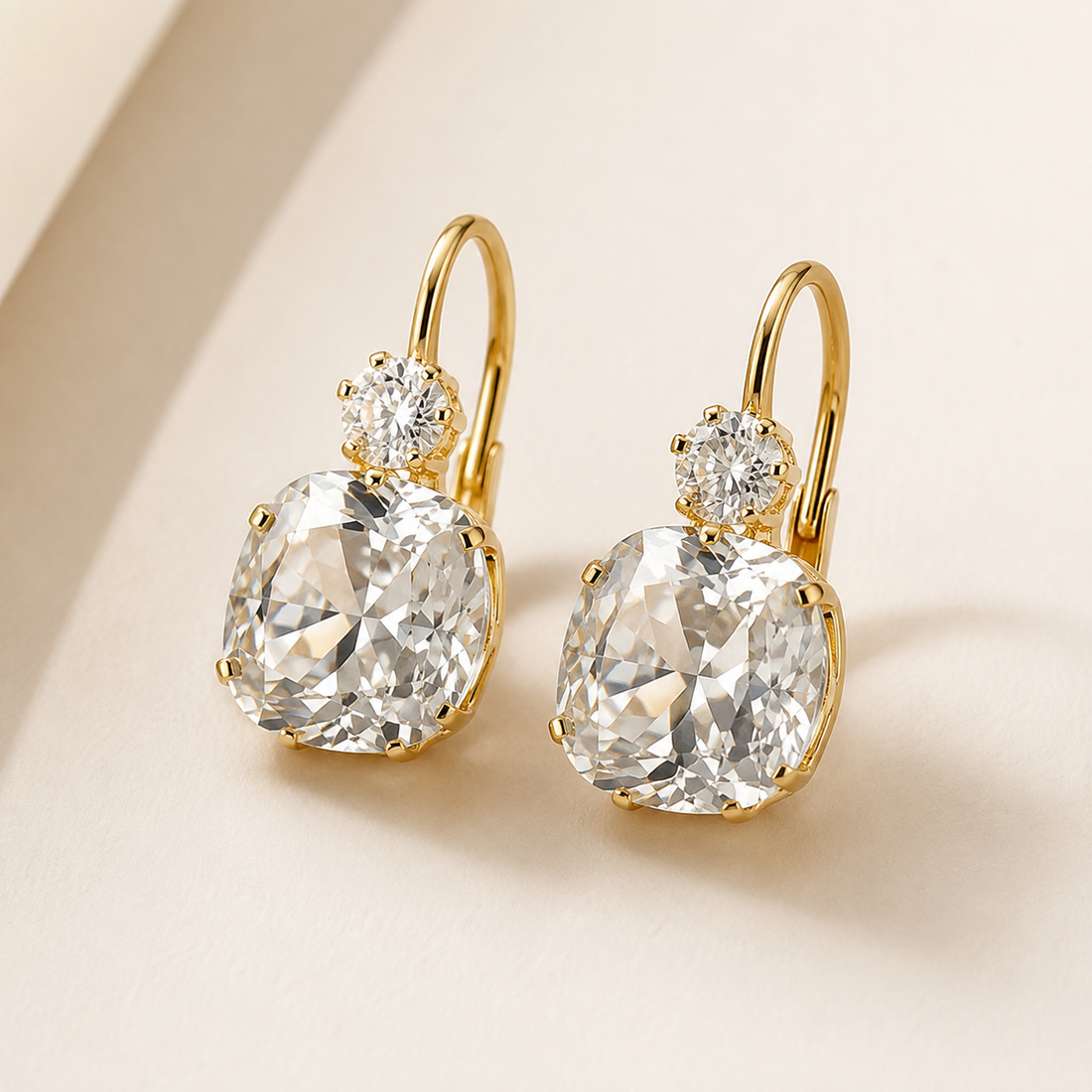 Kiashaa Jewellery lab-grown diamond drop earrings in yellow gold with round tops and cushion-shaped drops
