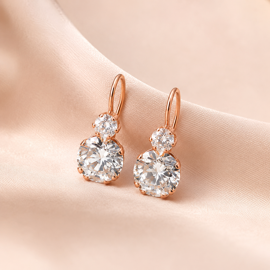 Rose gold lab-grown diamond drop earrings with cushion and round stones, crafted by Kiashaa Jewellery
