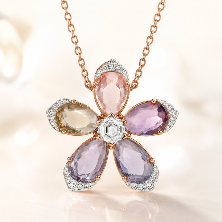 A five-petal flower pendant necklace in rose gold, featuring pastel pink, lavender, and olive gemstones surrounded by clear pavé crystals, suspended from a delicate rose gold chain on a soft cream background.