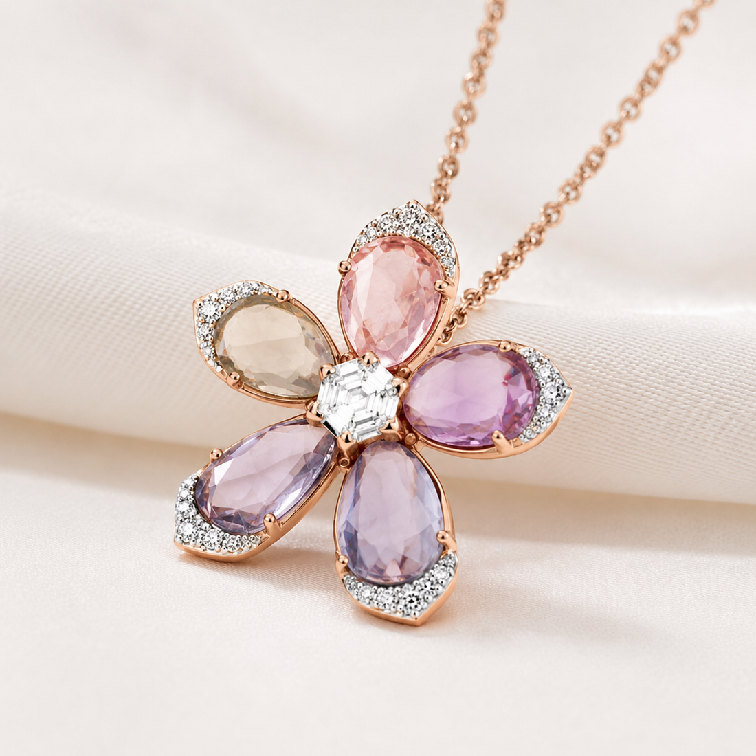 A rose gold flower-shaped pendant necklace featuring pink, purple, and smoky gray teardrop gemstones with a clear central stone, displayed on a soft cream fabric background.