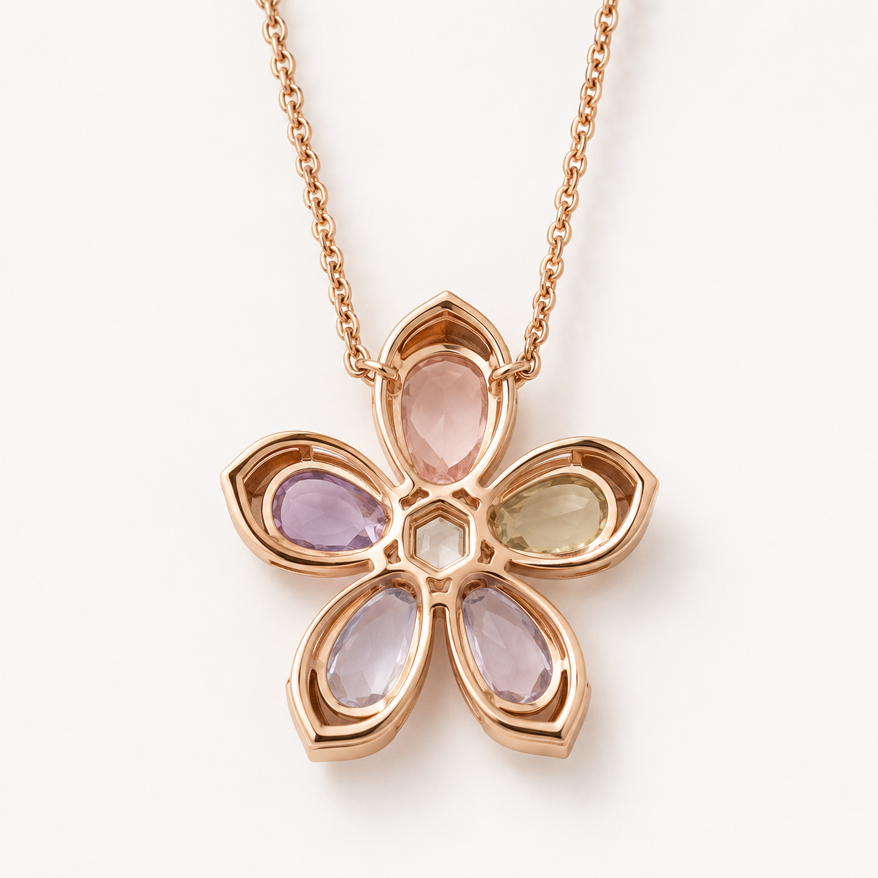 A rose gold flower-shaped pendant necklace featuring five teardrop-cut pastel gemstones in pink, purple, yellow-green, and lavender, displayed on a clean off-white background.