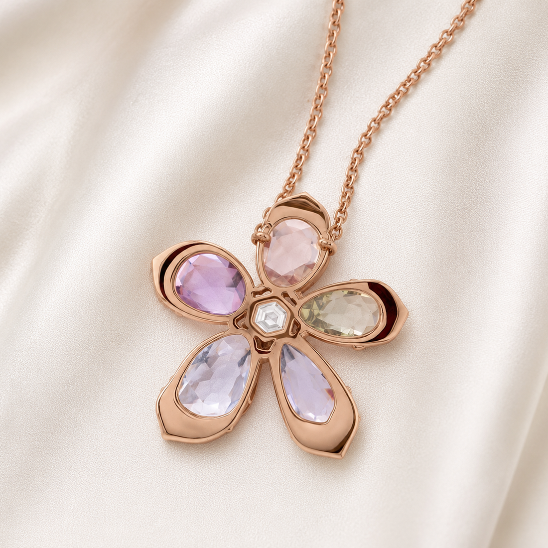 Kiashaa Jewellery 4 CT natural diamond floral pendant with colourful pear-shaped petals and delicate chain