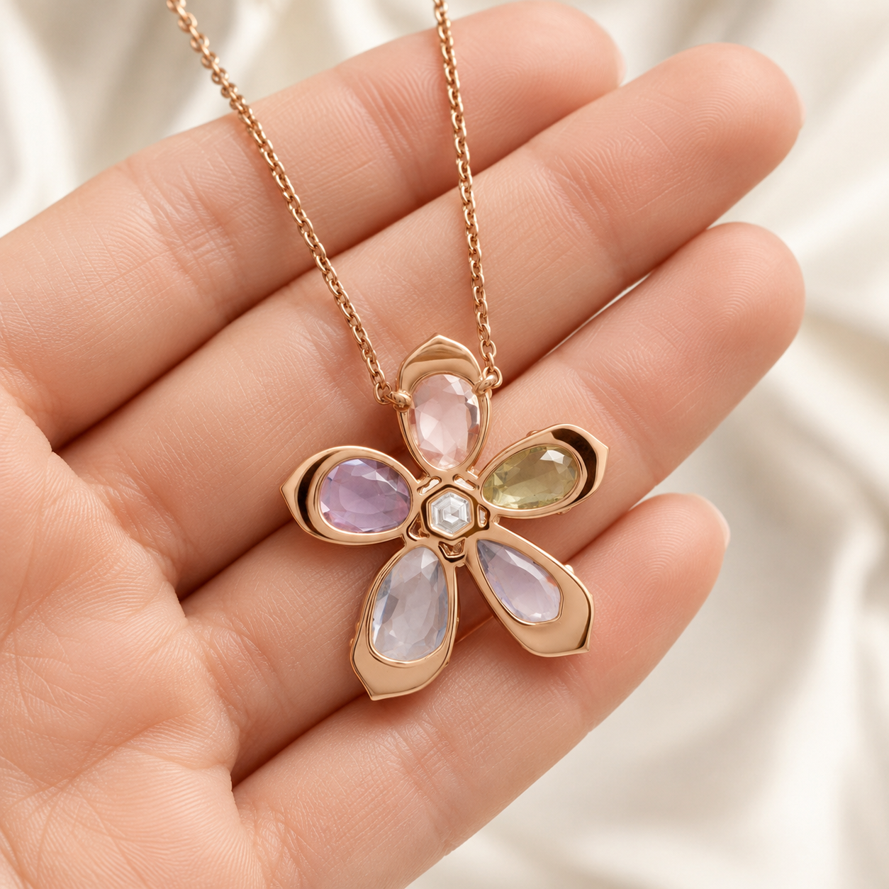 Kiashaa Jewellery rose gold natural diamond floral pendant with soft pink, purple and green diamond petals