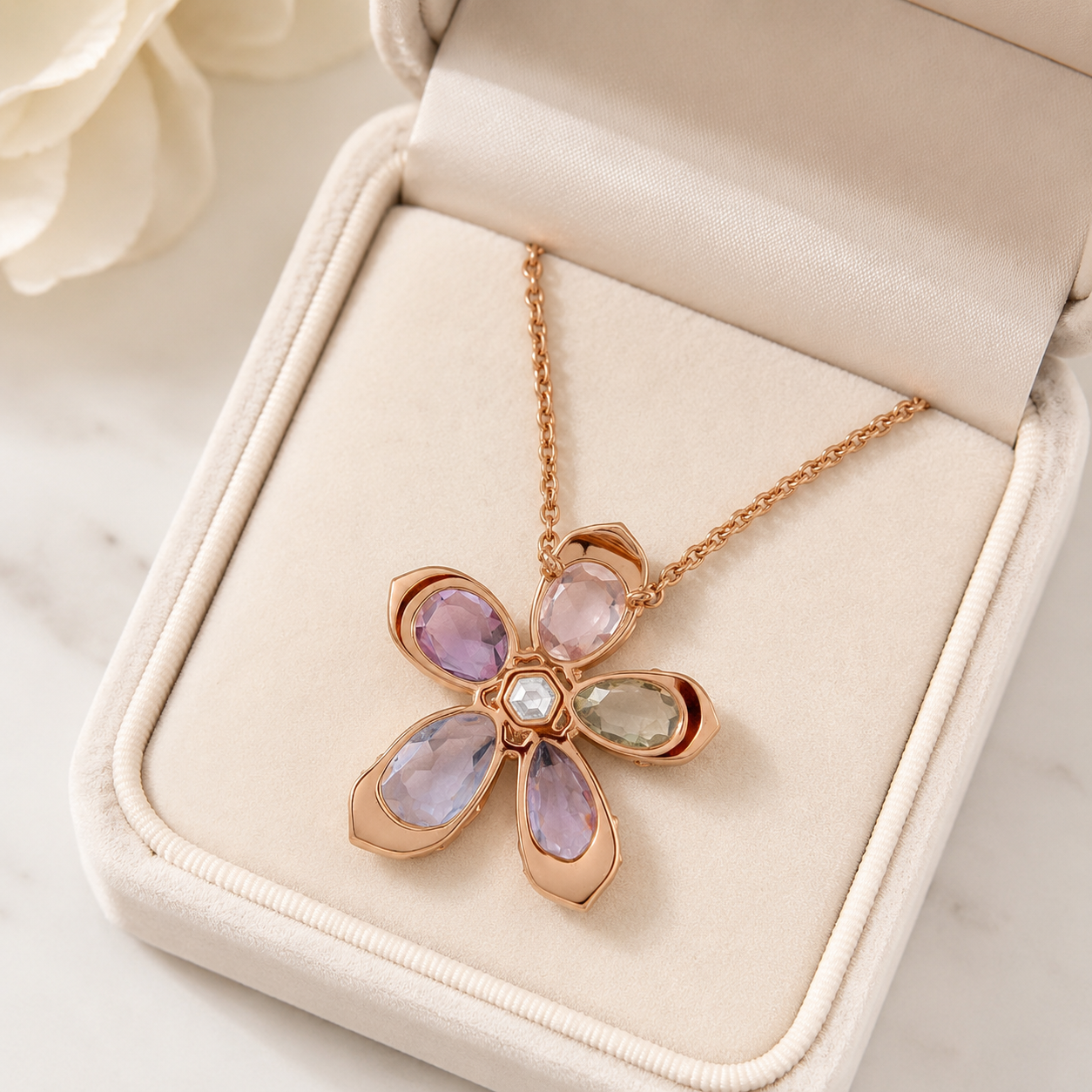 Close-up of a 4 CT natural diamond floral pendant in polished rose gold by Kiashaa Jewellery