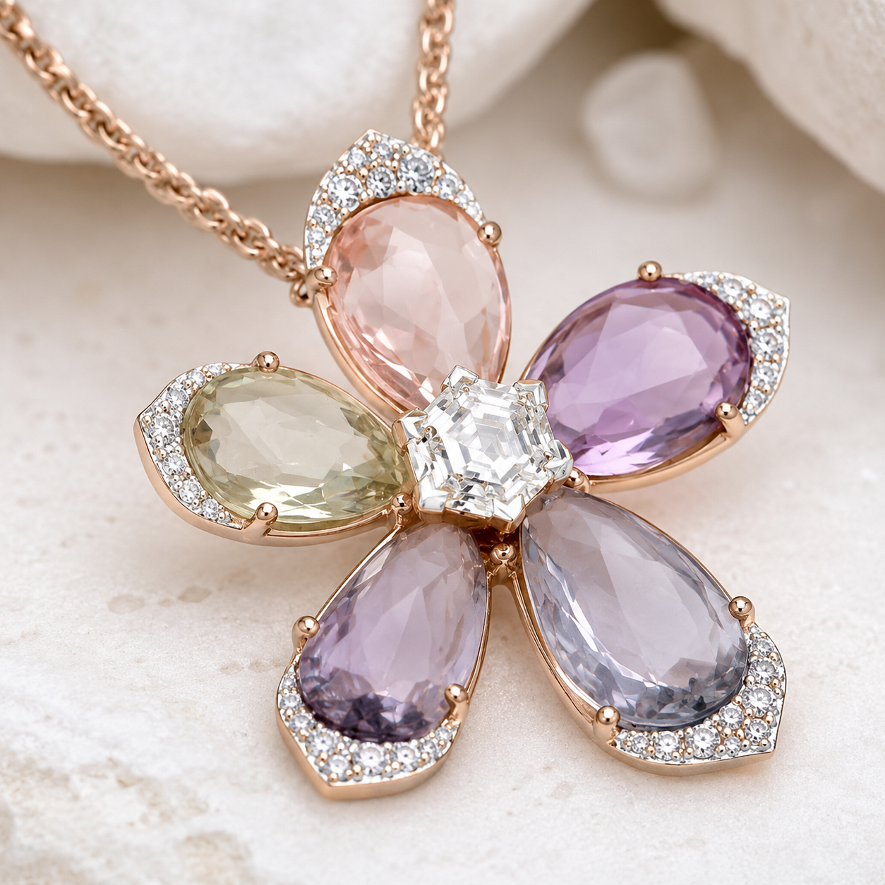Kiashaa Jewellery natural diamond flower pendant in rose gold with five pastel diamond petals and centre stone