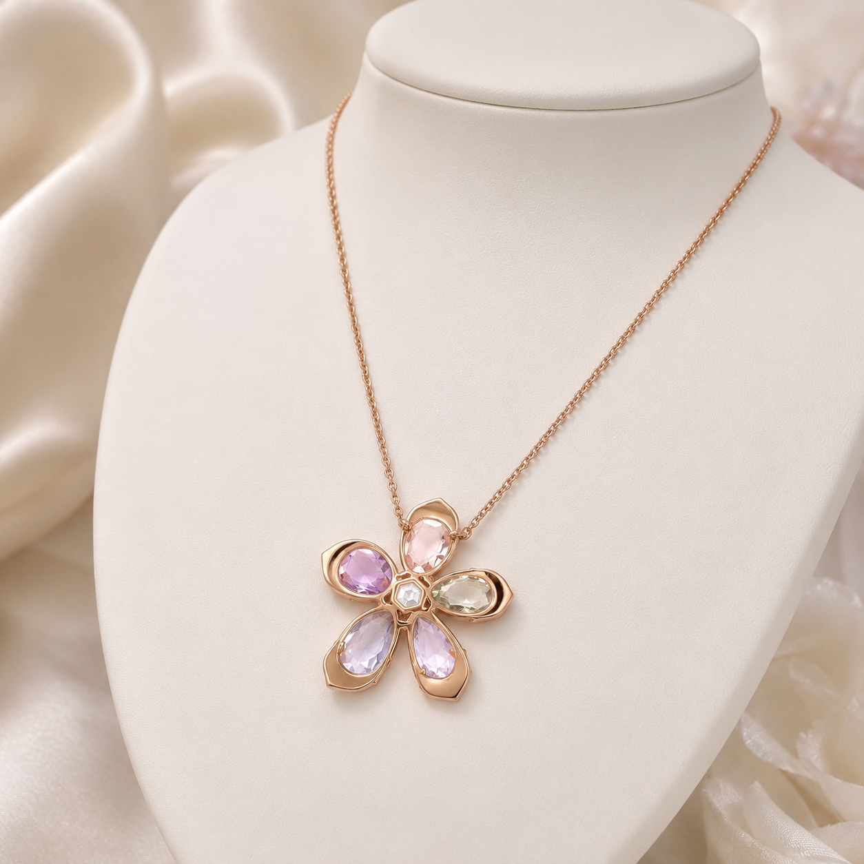 Kiashaa Jewellery 4 CT natural diamond floral pendant in rose gold with pastel pear-shaped diamond petals