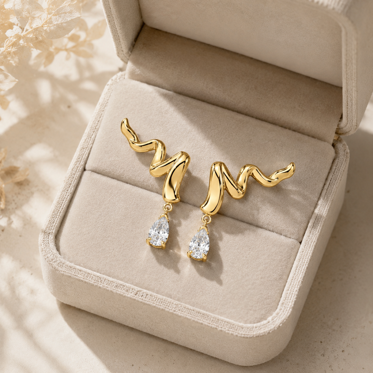 A pair of gold dangle earrings with wavy, organic-shaped tops and clear teardrop gemstones, displayed in an open beige jewelry box on a light surface.