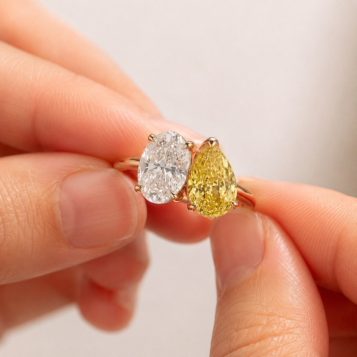 A close-up of a hand holding a yellow gold ring set with a pear-cut yellow diamond and an oval-cut clear diamond.