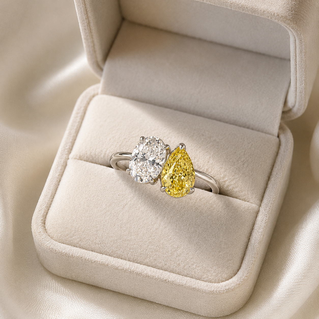 A silver ring with a round brilliant-cut clear diamond and a pear-cut yellow diamond, displayed in an open cream-colored velvet ring box.