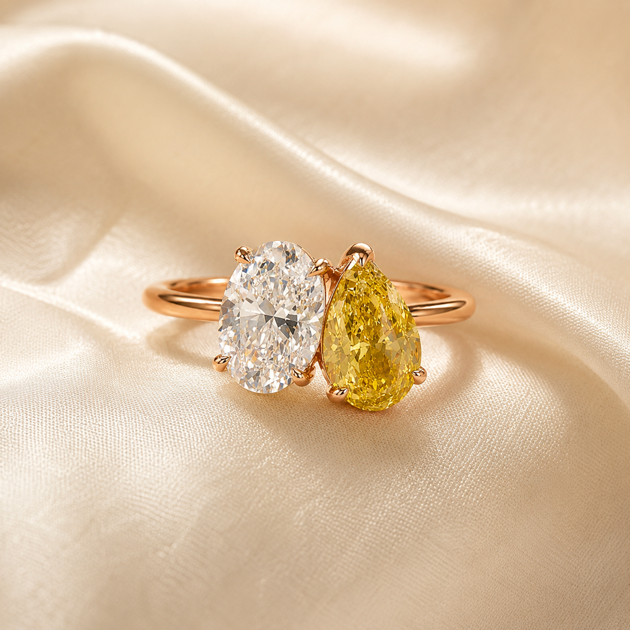 A rose gold ring featuring an oval clear diamond and a pear-cut yellow diamond, displayed on a draped cream satin fabric background.