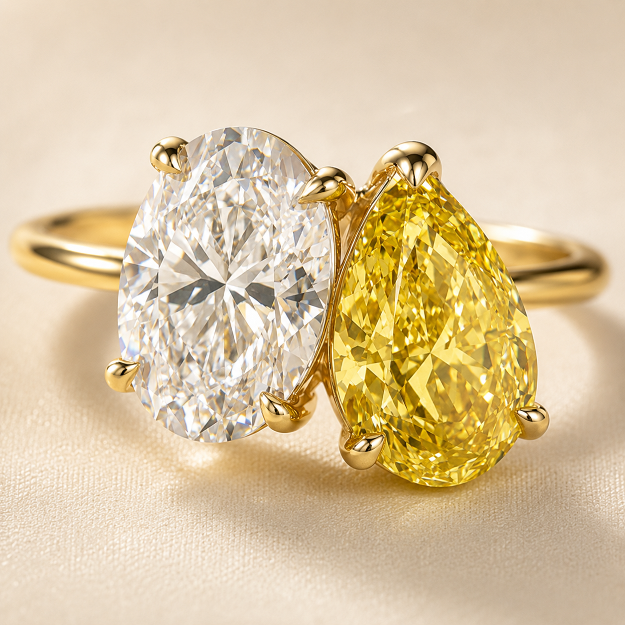 A yellow gold ring featuring a large oval-cut clear diamond on one side and a pear-cut yellow diamond on the other, set on a polished yellow gold band against a soft beige background.