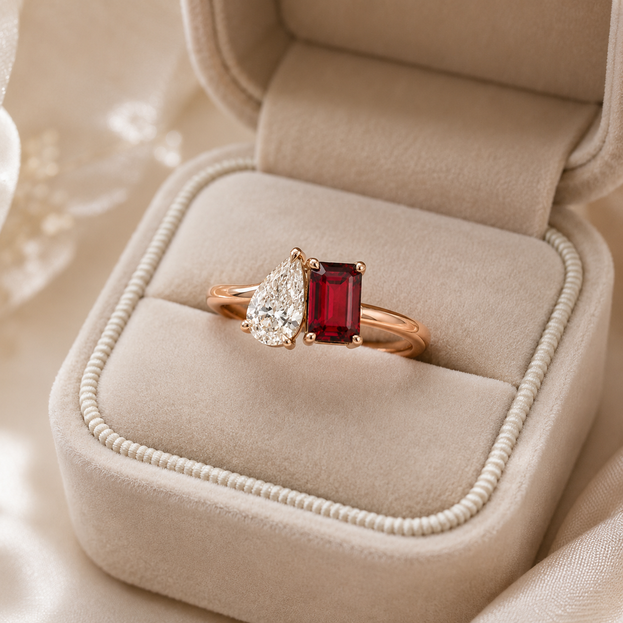 A rose gold ring with a rectangular emerald-cut red gemstone and a pear-cut clear gemstone, displayed in an open beige velvet ring box.