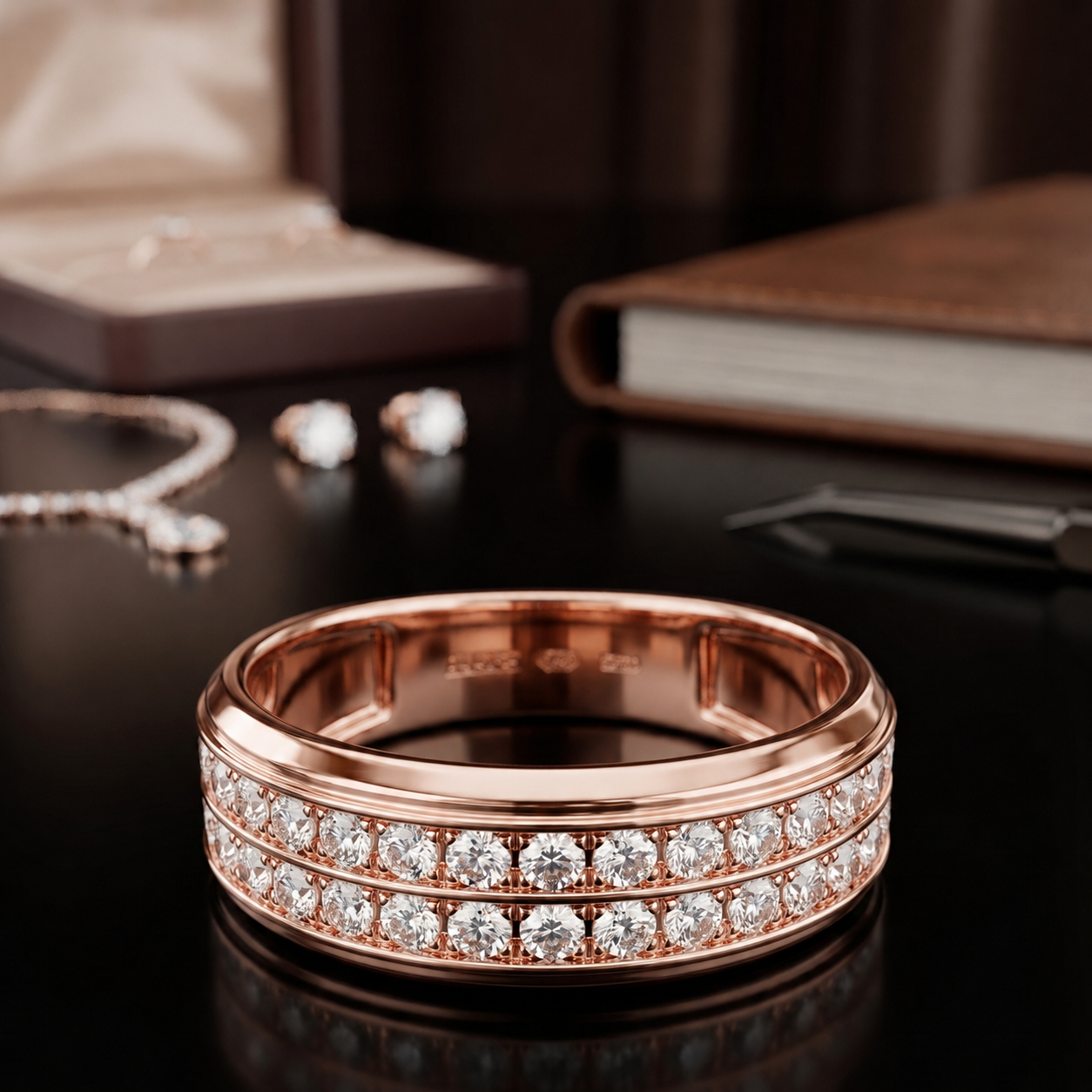 A rose gold eternity ring set with round diamonds, displayed on a dark reflective surface with jewelry and a book in the background.
