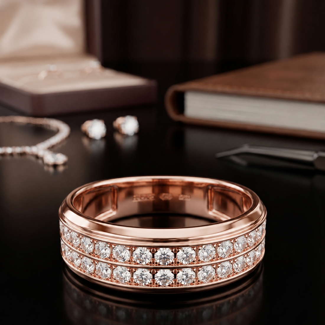 A rose gold eternity ring set with round diamonds, displayed on a dark reflective surface with jewelry and a book in the background.
