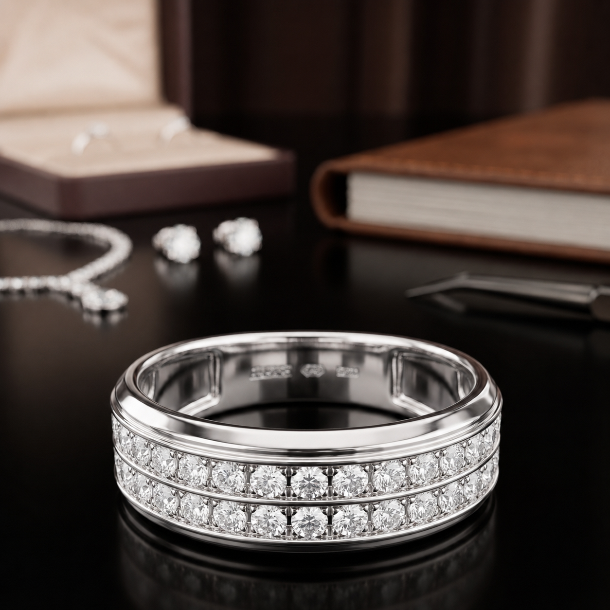A silver double-row diamond band ring displayed on a dark reflective surface, with matching jewelry and a brown box blurred in the background.