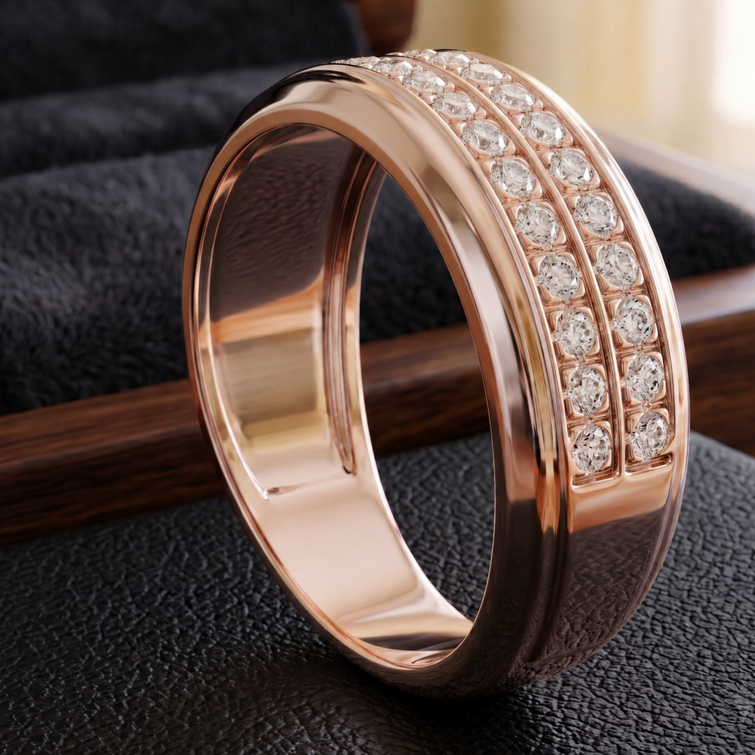 A rose gold band ring with two rows of clear round-cut gemstones, displayed on a textured black surface.