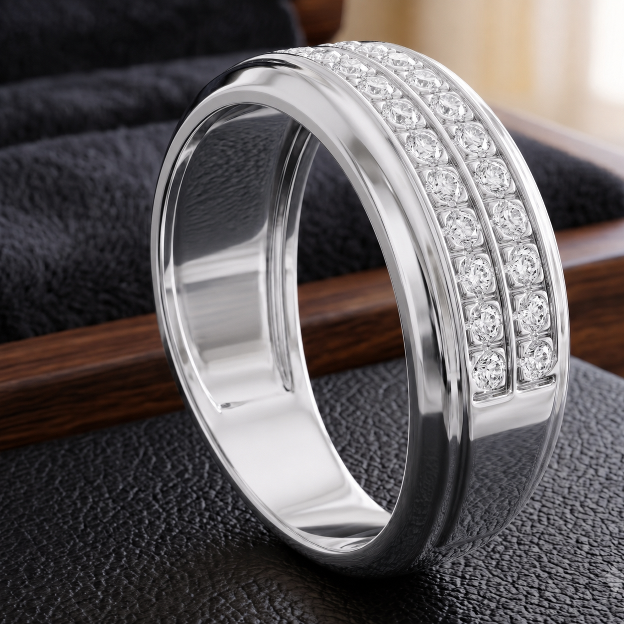 A polished silver-tone band ring with two rows of clear pavé stones, displayed on a textured black surface with a wooden prop.