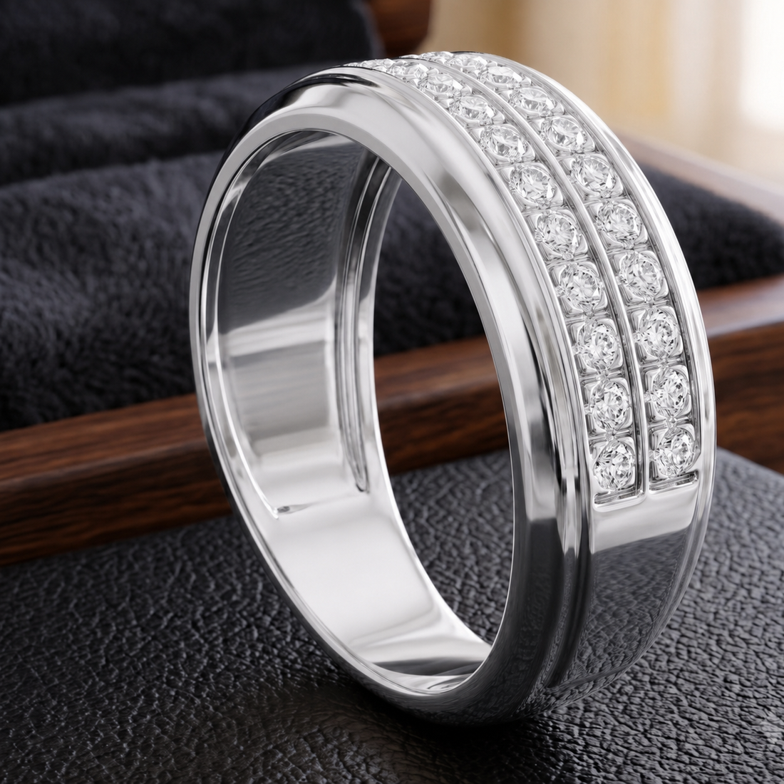 A polished silver-tone band ring with two rows of clear pavé stones, displayed on a textured black surface with a wooden prop.