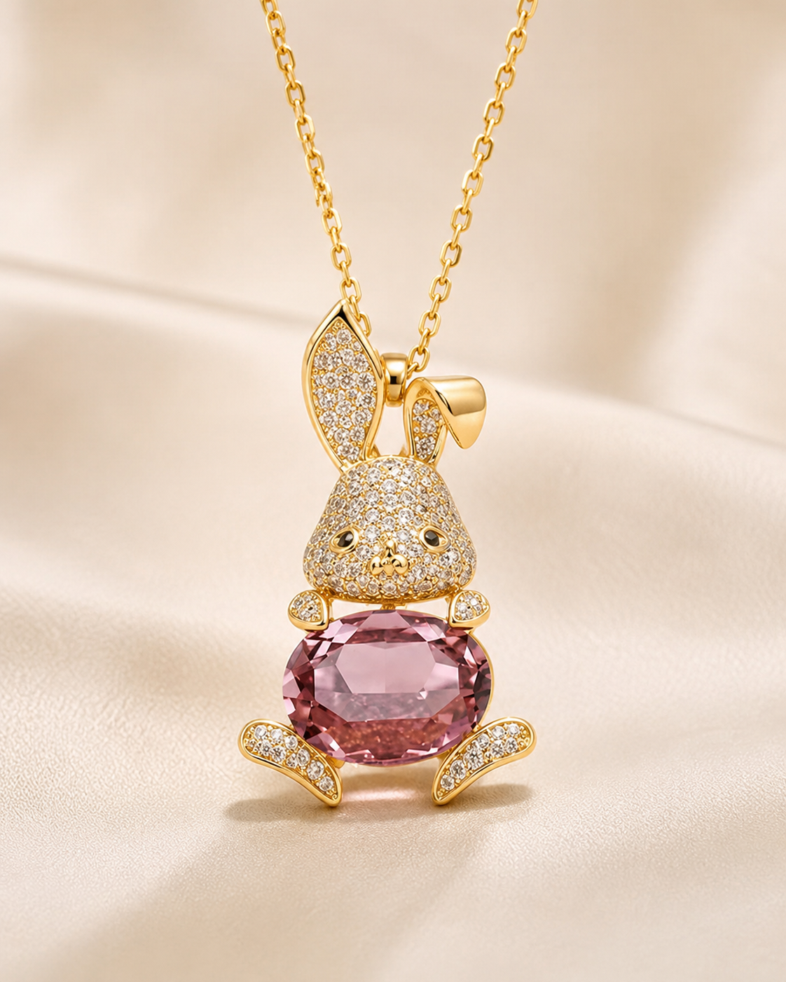 Gold bunny pendant necklace with a large faceted pink gemstone and pavé-set details, displayed on a soft beige satin background.