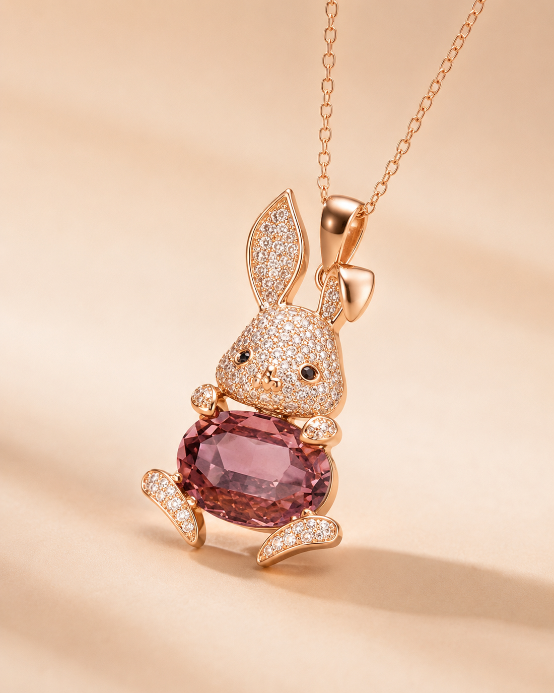 A rose gold bunny pendant necklace with a large oval pink gemstone and pavé-set clear stones, shown on a matching chain against a warm beige background.