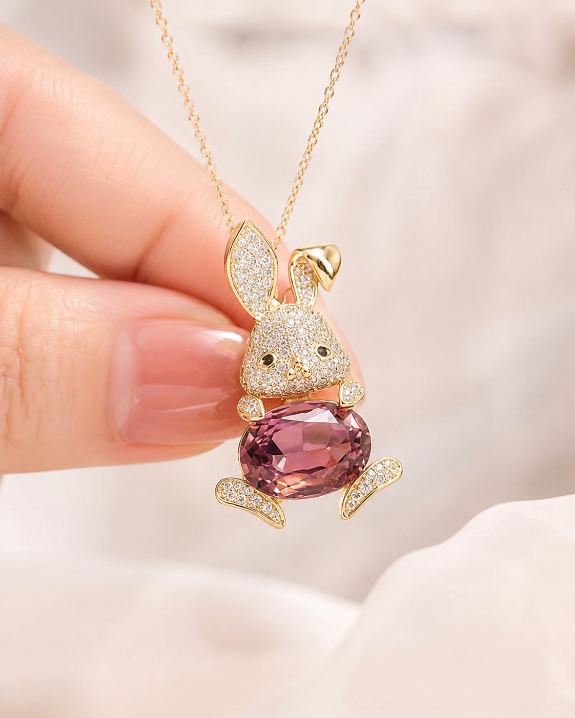 A gold bunny pendant necklace with a faceted pink gemstone belly and crystal-embellished ears, held by a hand against a soft white background.