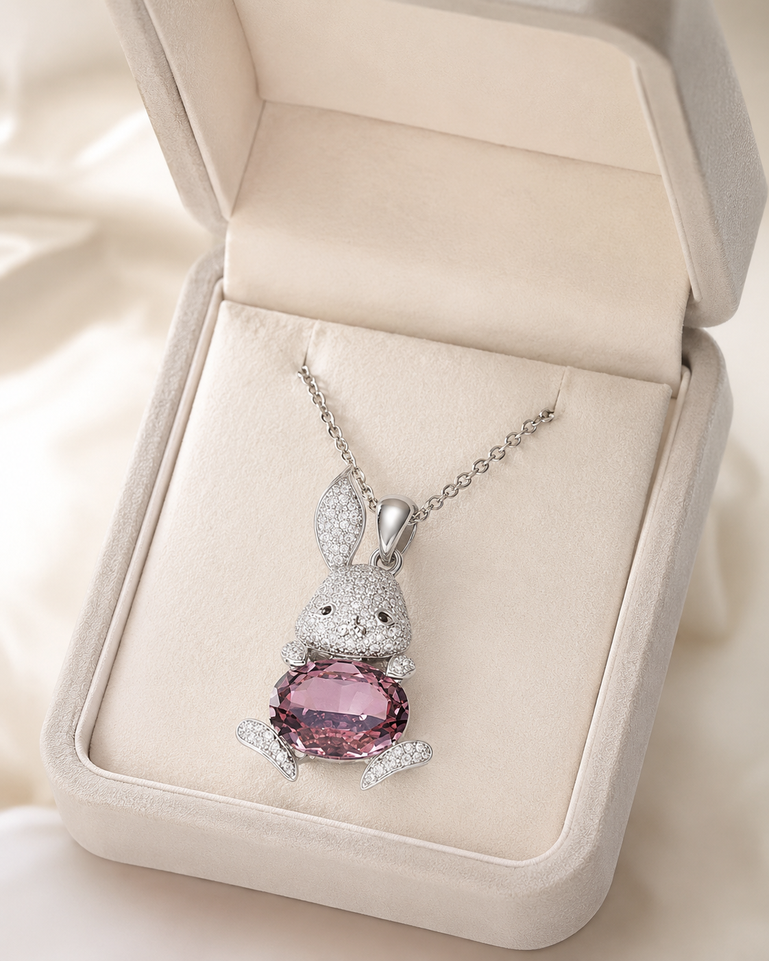 A silver bunny pendant necklace with a large pink gemstone, displayed inside an open cream-colored jewelry box.