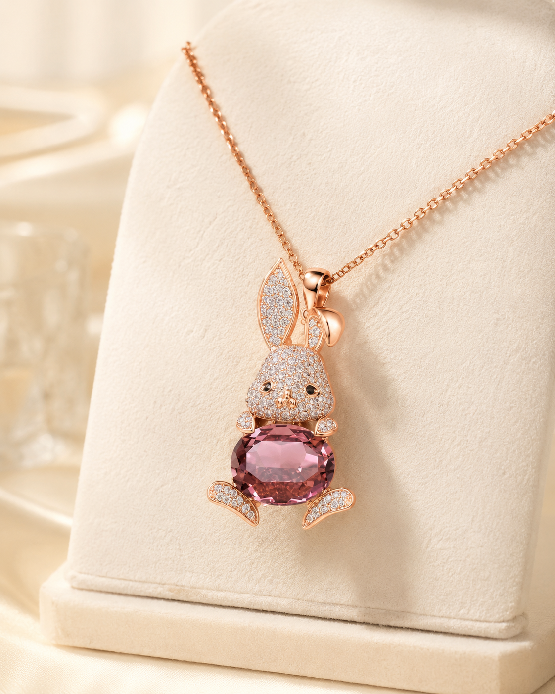 A rose gold bunny pendant necklace with a large oval pink gemstone and pavé-set details, displayed on a cream jewelry stand.