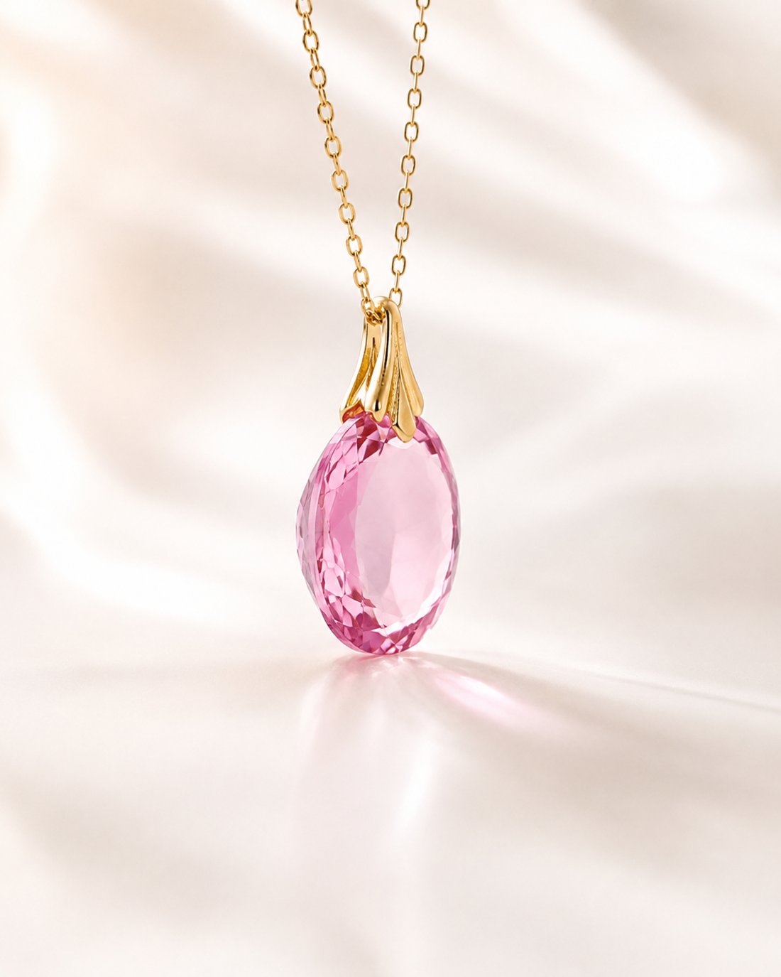 A gold chain necklace with an oval pink faceted gemstone pendant, displayed on a soft, light beige satin fabric background.