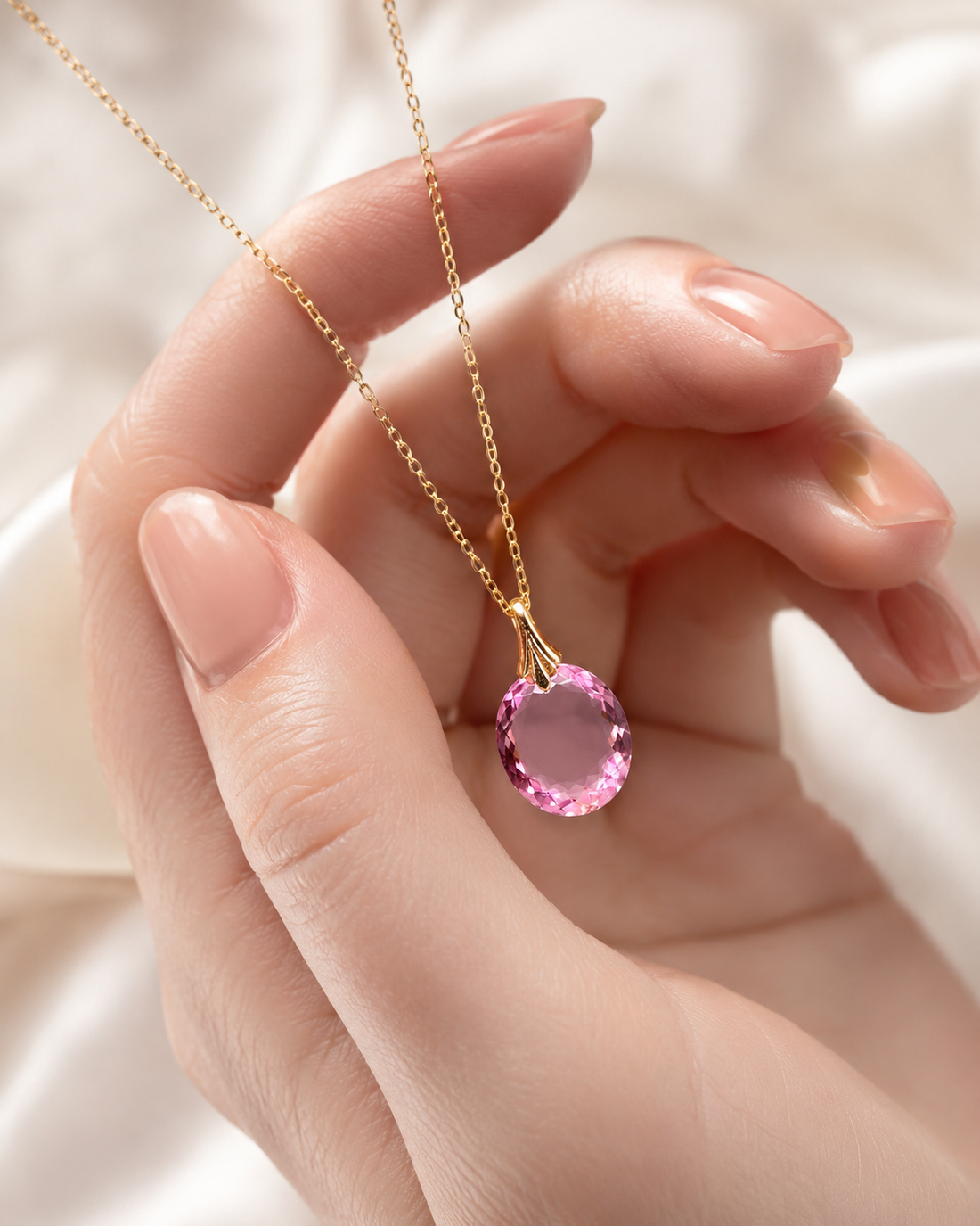 A gold chain necklace with a round pink gemstone pendant, held by a hand against a soft white fabric background.